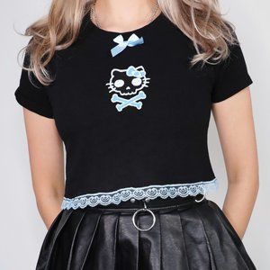 LYUU KITTY SKULL BLUE CROP TOP hello kitty goth